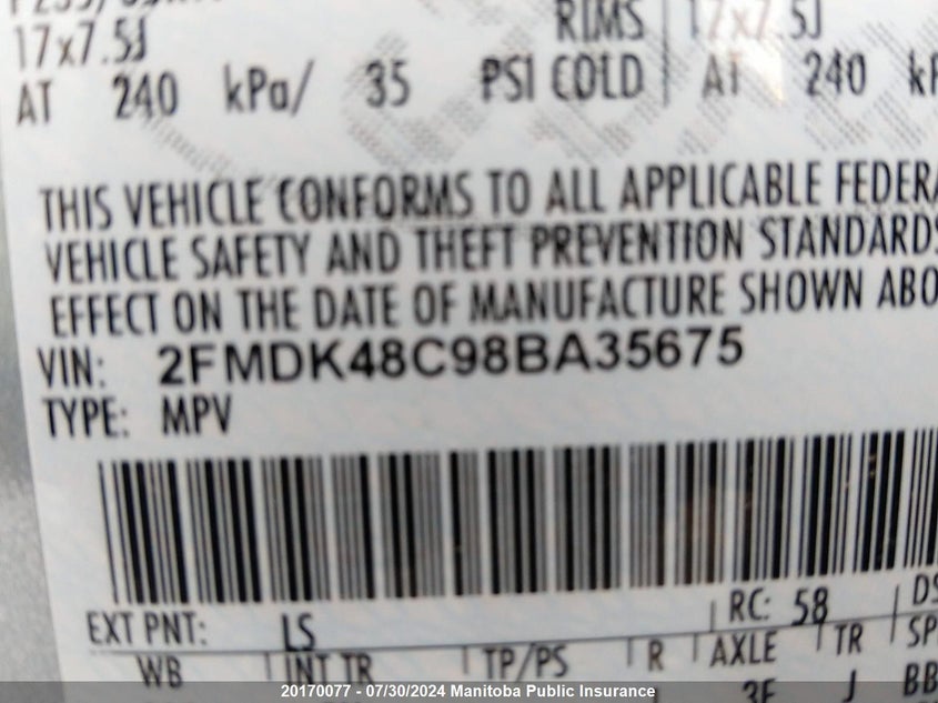 2008 Ford Edge Sel VIN: 2FMDK48C98BA35675 Lot: 20170077