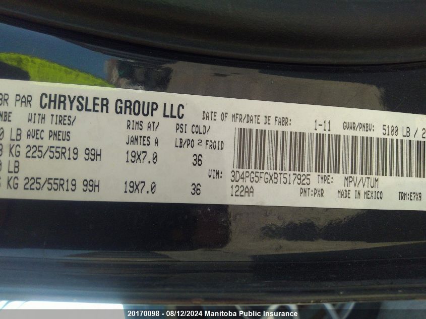 2011 Dodge Journey Sxt VIN: 3D4PG5FGXBT517925 Lot: 20170098