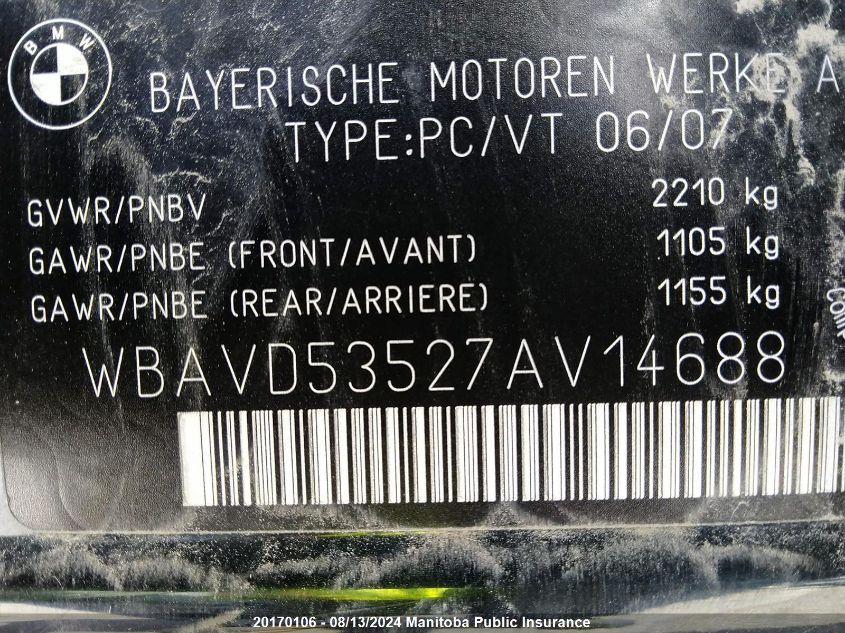 2007 BMW 335Xi VIN: WBAVD53527AV14688 Lot: 20170106