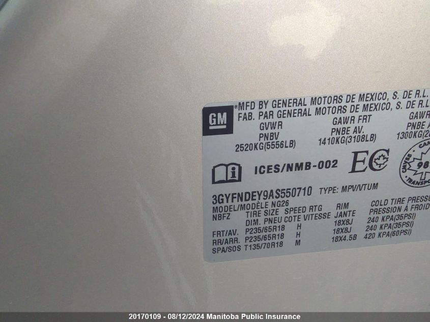 2010 Cadillac Srx V6 VIN: 3GYFNDEY9AS550710 Lot: 20170109