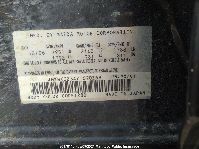 2007 Mazda Mazda3 Gt VIN: JM1BK323471690268 Lot: 20170113