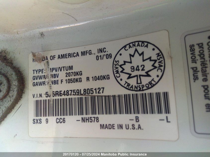 2009 Honda Cr-V Ex-L VIN: 5J6RE48759L805127 Lot: 20170120