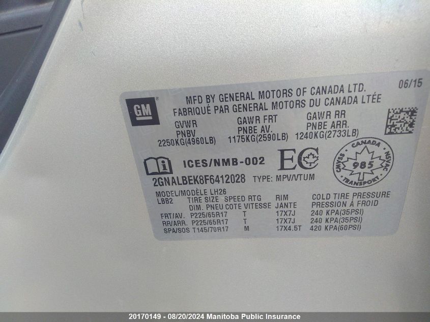 2015 Chevrolet Equinox Lt VIN: 2GNALBEK8F6412028 Lot: 20170149