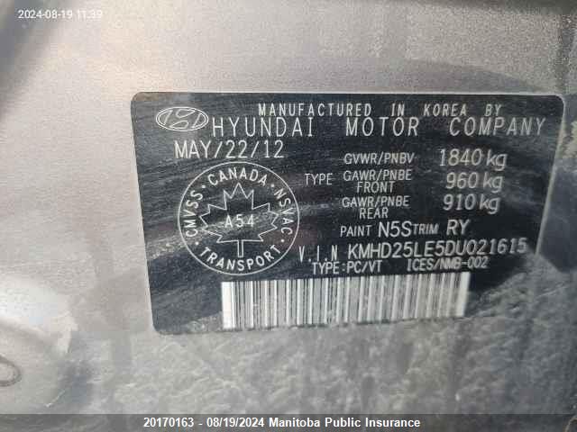 2013 Hyundai Elantra Gt Gl VIN: KMHD25LE5DU021615 Lot: 20170163