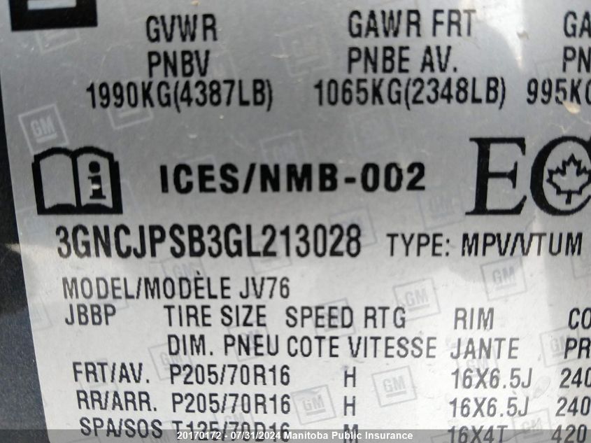 2016 Chevrolet Trax Lt VIN: 3GNCJPSB3GL213028 Lot: 20170172