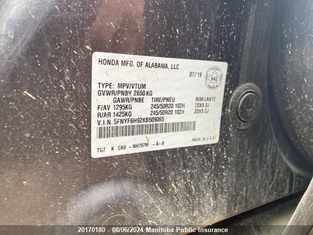 2019 Honda Pilot Touring VIN: 5FNYF6H92KB509065 Lot: 20170180