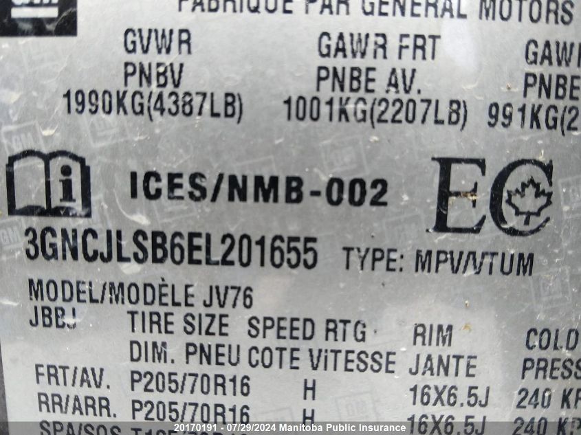 2014 Chevrolet Trax Lt VIN: 3GNCJLSB6EL201655 Lot: 20170191