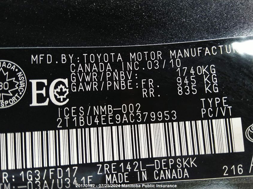 2010 Toyota Corolla S VIN: 2T1BU4EE9AC379953 Lot: 20170192