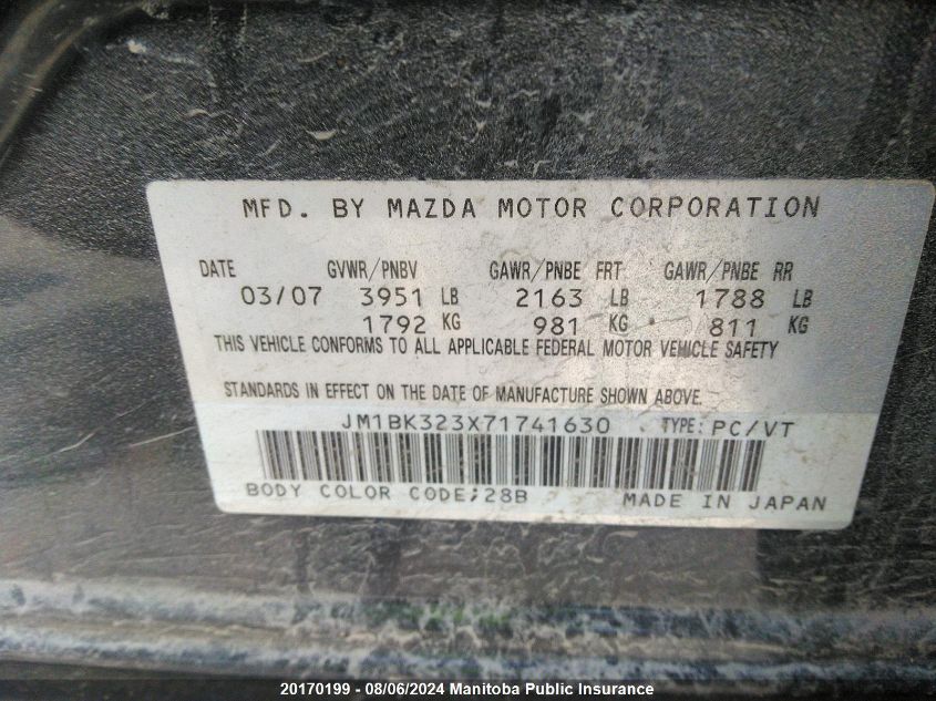 2007 Mazda Mazda3 Gt VIN: JM1BK323X71741630 Lot: 20170199