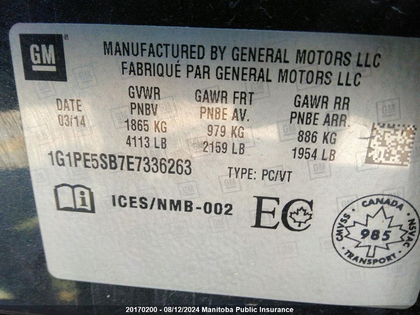 2014 Chevrolet Cruze Lt Turbo VIN: 1G1PE5SB7E7336263 Lot: 20170200