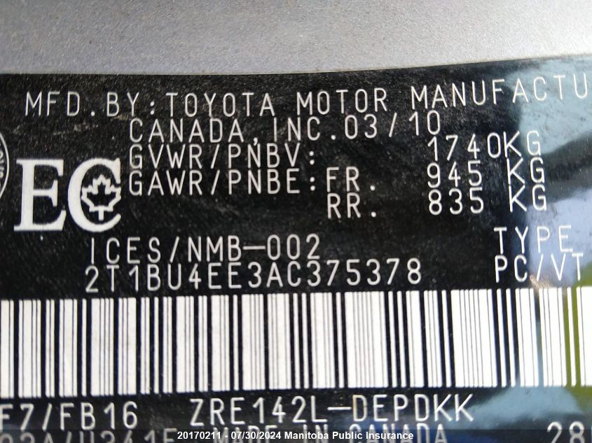 2010 Toyota Corolla VIN: 2T1BU4EE3AC375378 Lot: 20170211