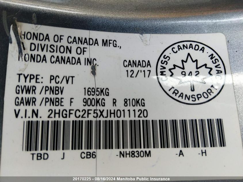 2018 Honda Civic Lx VIN: 2HGFC2F5XJH011120 Lot: 20170225
