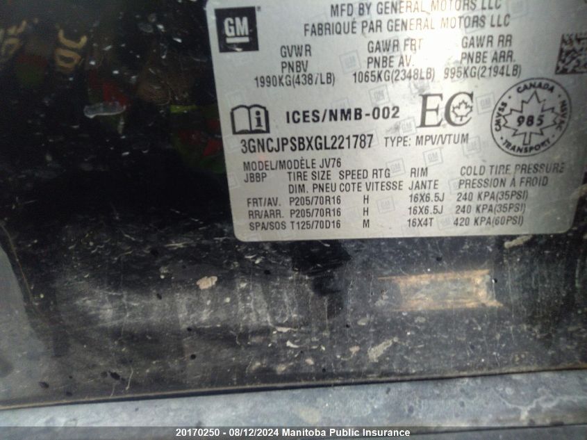 2016 Chevrolet Trax Lt VIN: 3GNCJPSBXGL221787 Lot: 20170250