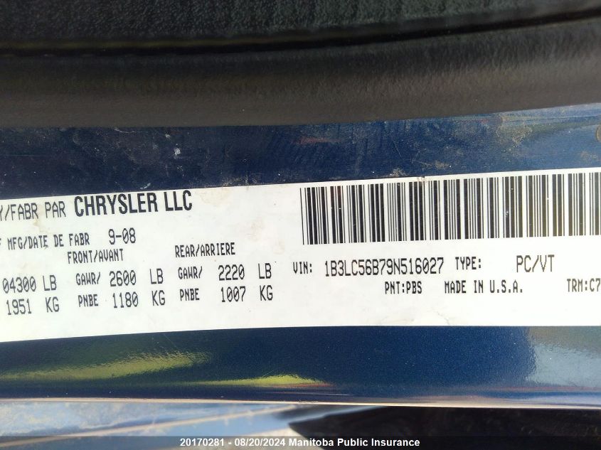 2009 Dodge Avenger Sxt VIN: 1B3LC56B79N516027 Lot: 20170281