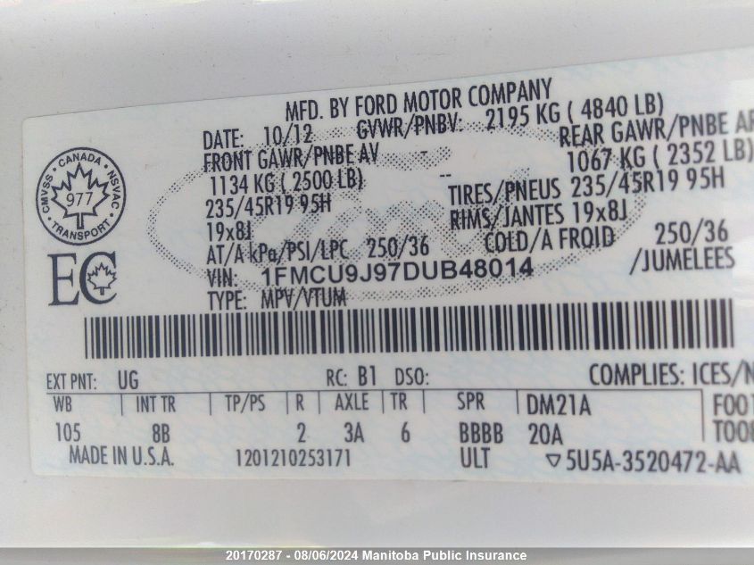 2013 Ford Escape Titanium VIN: 1FMCU9J97DUB48014 Lot: 20170287