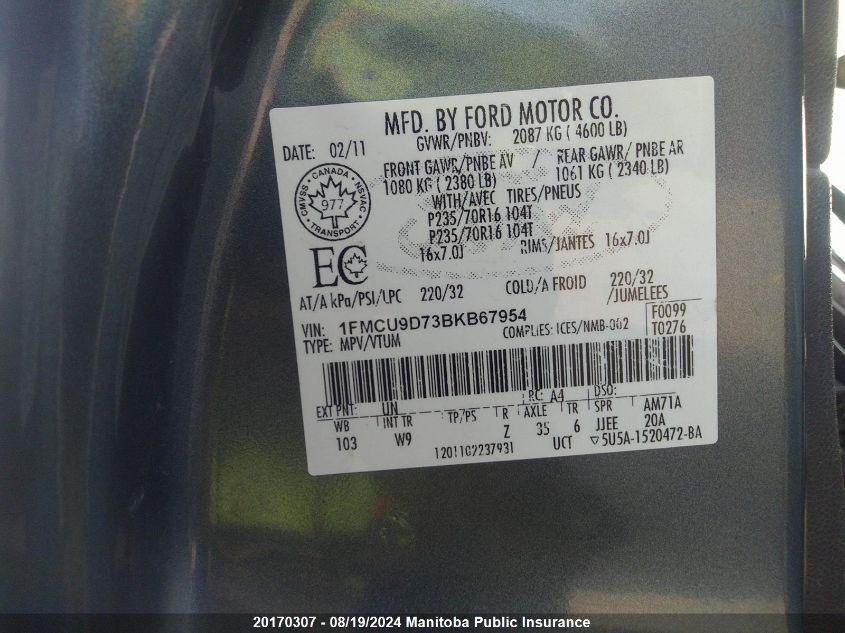 2011 Ford Escape Xlt VIN: 1FMCU9D73BKB67954 Lot: 20170307