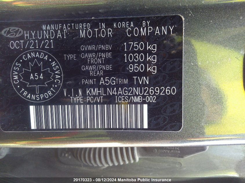 2022 Hyundai Elantra Ultimate VIN: KMHLN4AG2NU269260 Lot: 20170323