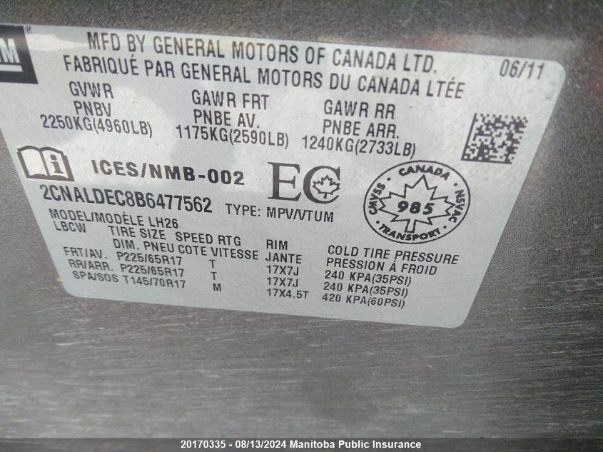 2011 Chevrolet Equinox Lt VIN: 2CNALDEC8B6477562 Lot: 20170335