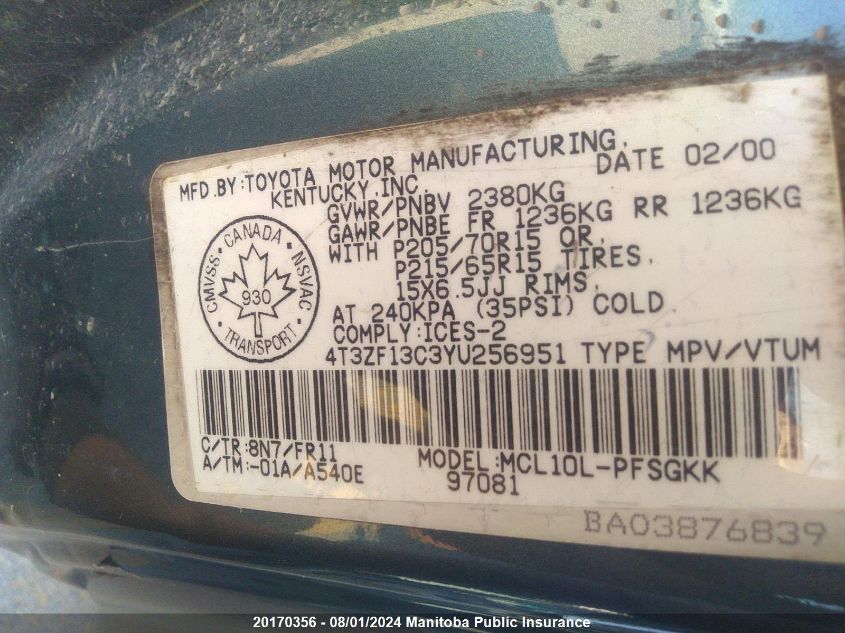 2000 Toyota Sienna Le V6 VIN: 4T3ZF13C3YU256951 Lot: 20170356