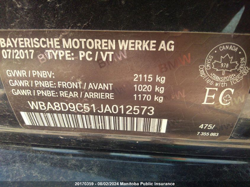 2018 BMW 330I xDrive VIN: WBA8D9C51JA012573 Lot: 20170359