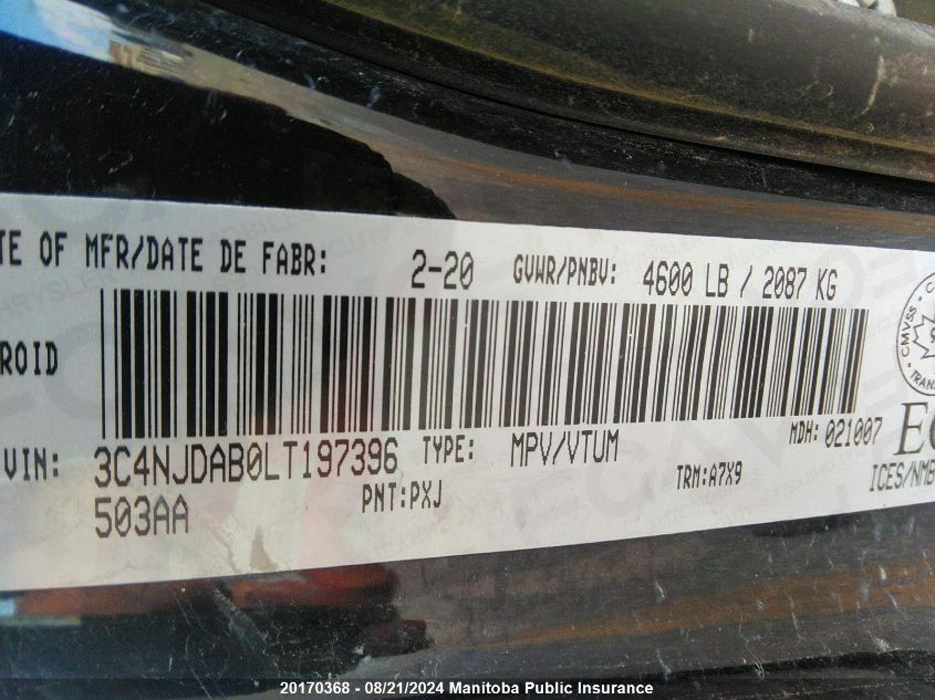 2020 Jeep Compass Sport VIN: 3C4NJDAB0LT197396 Lot: 20170368
