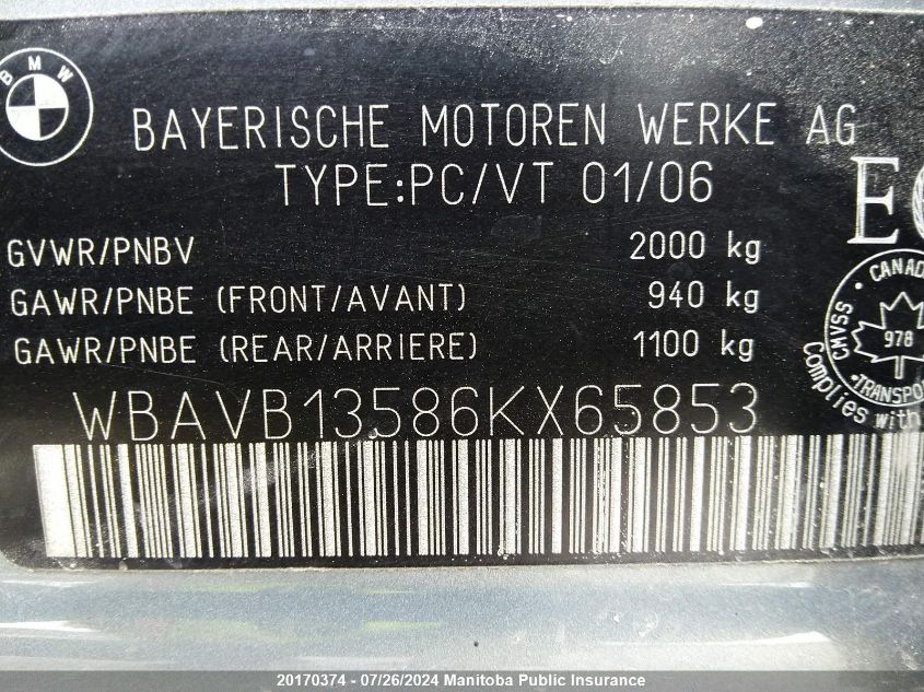 2006 BMW 325I VIN: WBAVB13586KX65853 Lot: 20170374
