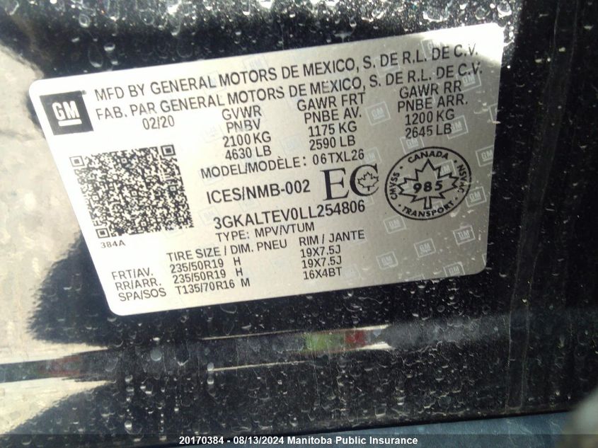 2020 GMC Terrain Sle VIN: 3GKALTEV0LL254806 Lot: 20170384
