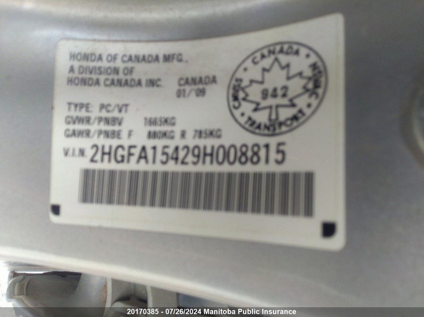 2009 Honda Civic Dx-G VIN: 2HGFA15429H008815 Lot: 20170385