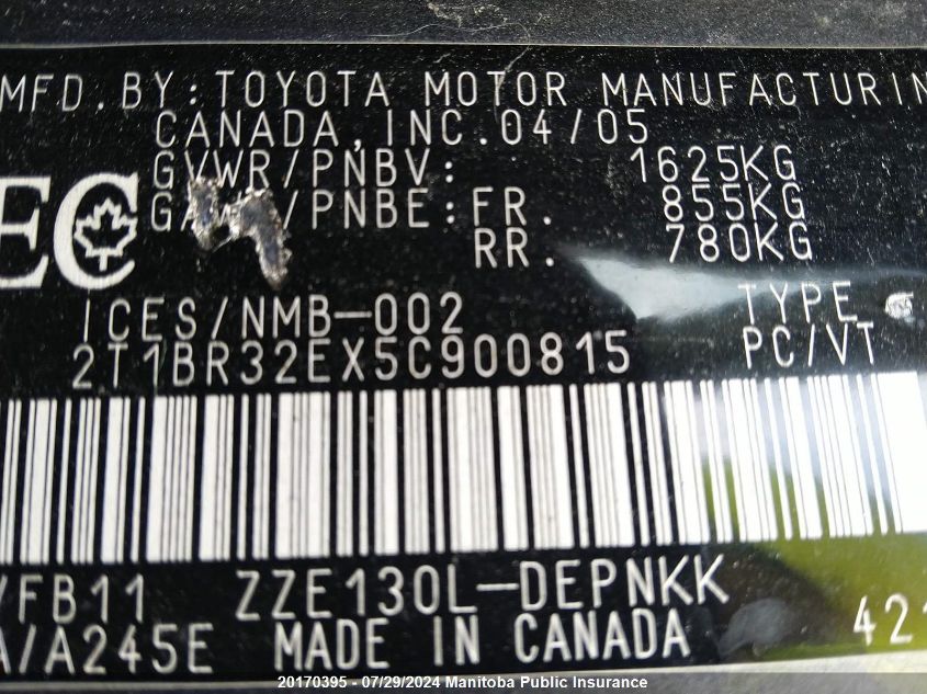 2005 Toyota Corolla Le VIN: 2T1BR32EX5C900815 Lot: 20170395