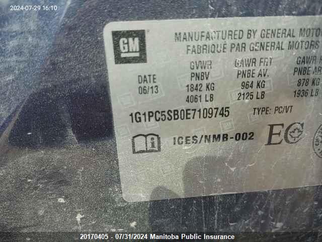 2014 Chevrolet Cruze Lt Turbo VIN: 1G1PC5SB0E7109745 Lot: 20170405