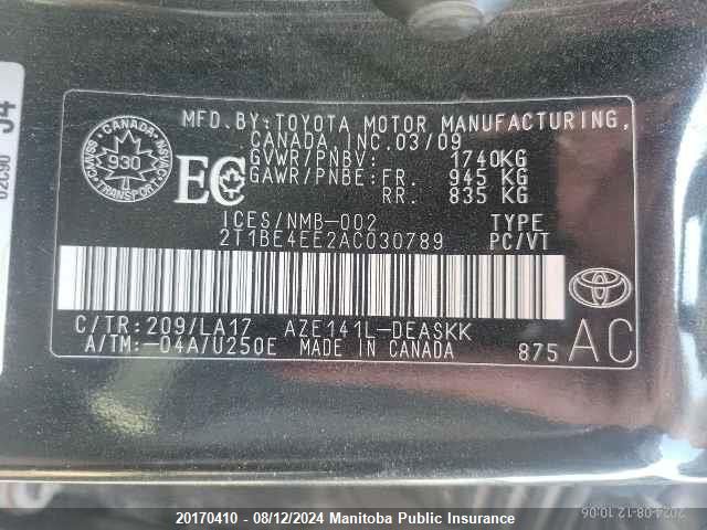 2010 Toyota Corolla Xrs VIN: 2T1BE4EE2AC030789 Lot: 20170410