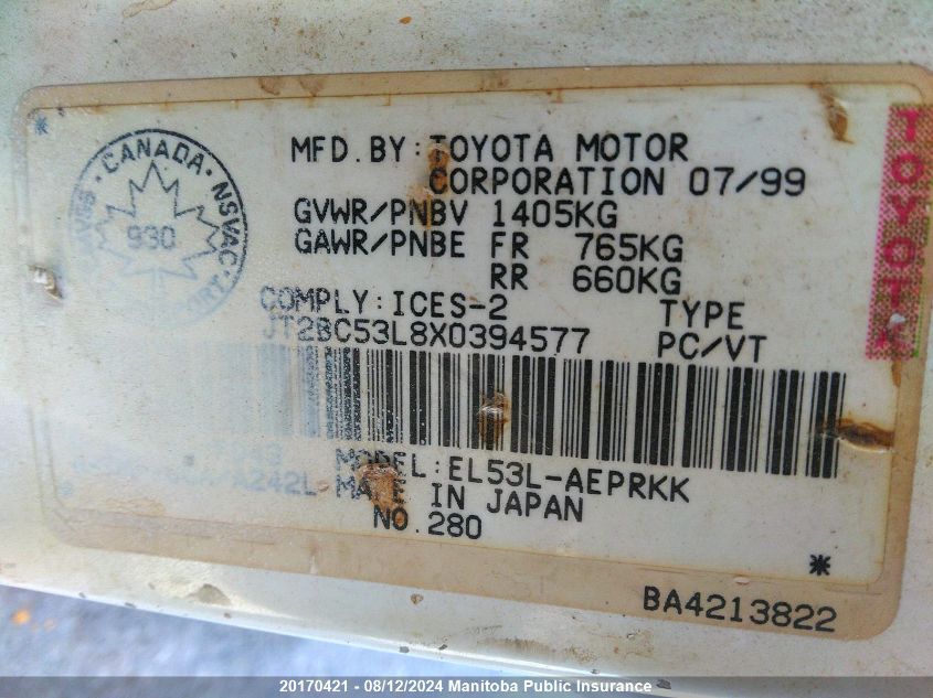 1999 Toyota Tercel Ce VIN: JT2BC53L8X0394577 Lot: 20170421