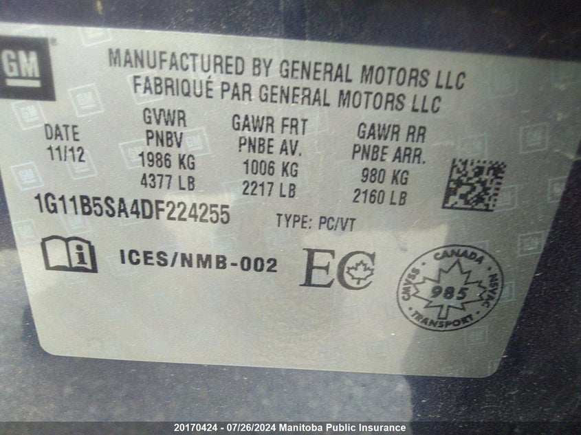 2013 Chevrolet Malibu Ls VIN: 1G11B5SA4DF224255 Lot: 20170424