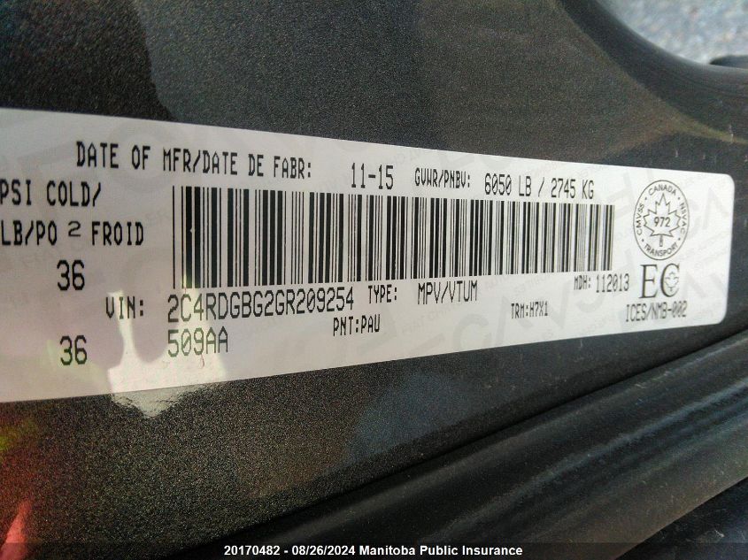 2016 Dodge Grand Caravan Se VIN: 2C4RDGBG2GR209254 Lot: 20170482