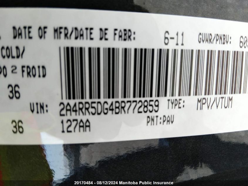 2011 Chrysler Town & Country Touring VIN: 2A4RR5DG4BR772859 Lot: 20170484