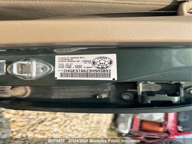 2003 Honda Civic Lx VIN: 2HGES16623H905892 Lot: 20170497