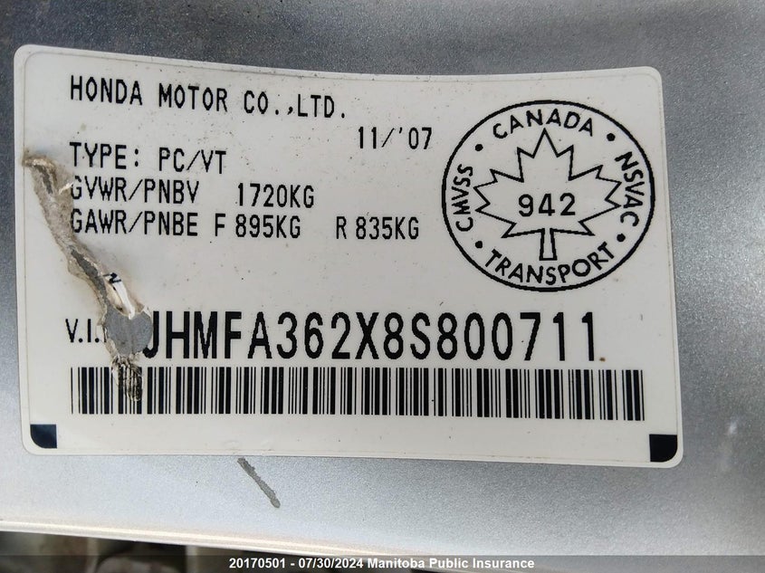 2008 Honda Civic Hybrid VIN: JHMFA362X8S800711 Lot: 20170501