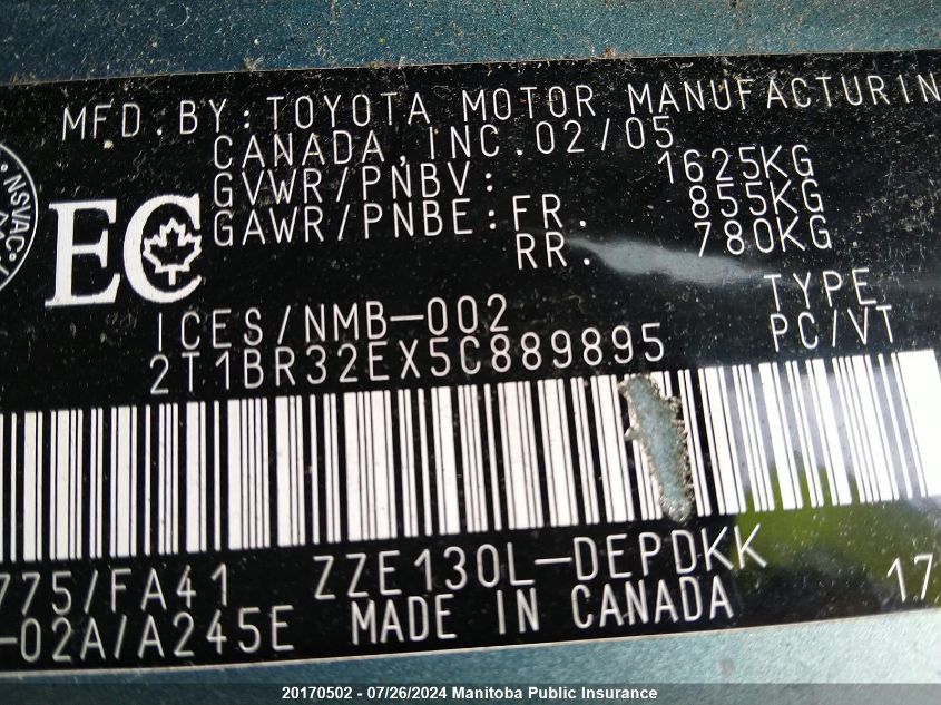 2005 Toyota Corolla Le VIN: 2T1BR32EX5C889895 Lot: 20170502