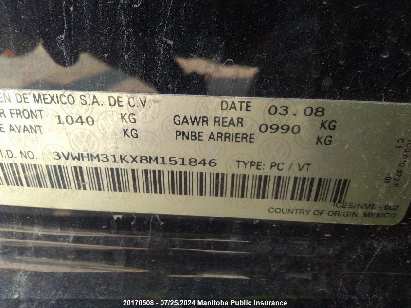 2008 Volkswagen Jetta 2.5 VIN: 3VWHM31KX8M151846 Lot: 20170508