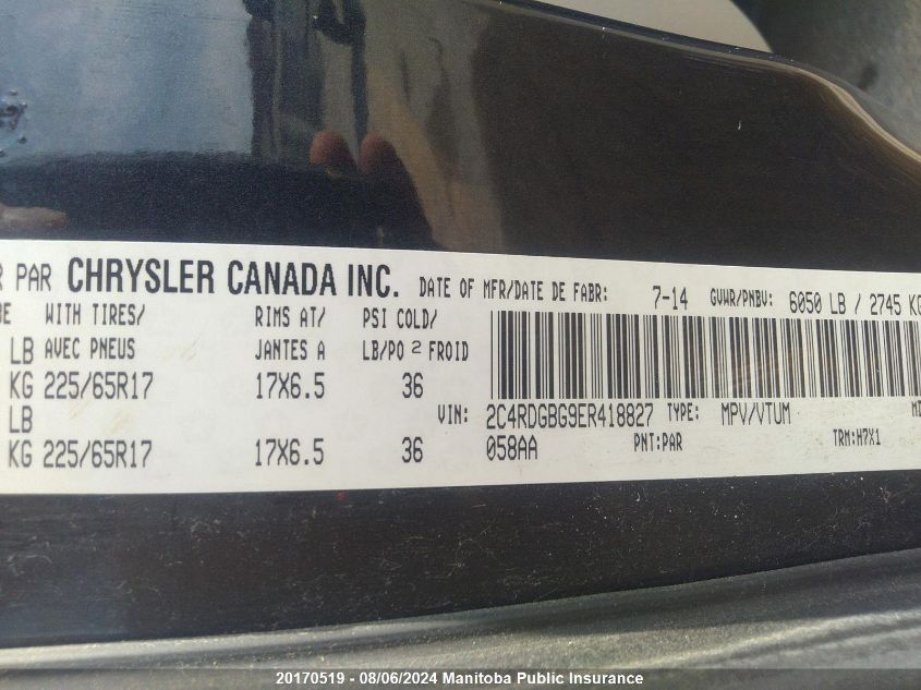 2014 Dodge Grand Caravan Sxt VIN: 2C4RDGBG9ER418827 Lot: 20170519