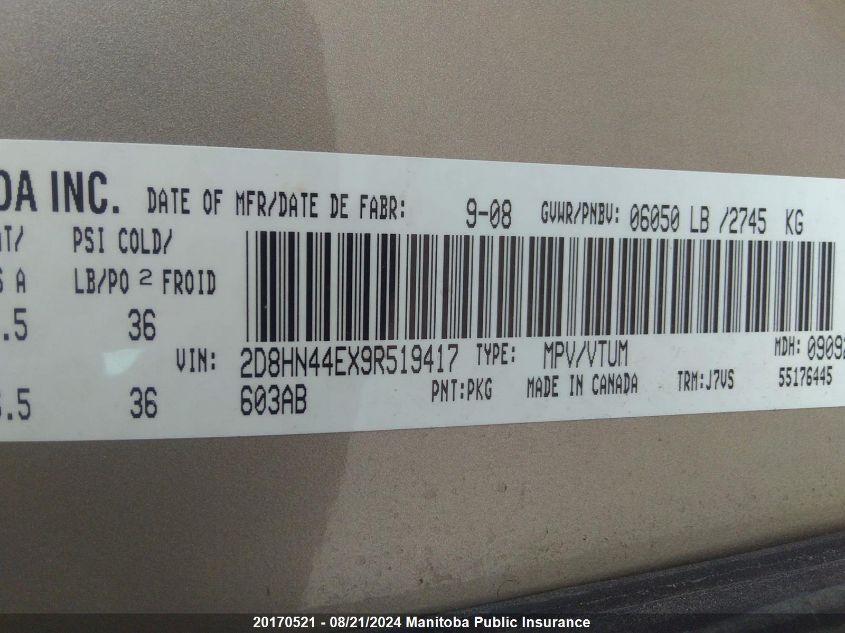 2009 Dodge Grand Caravan Se VIN: 2D8HN44EX9R519417 Lot: 20170521