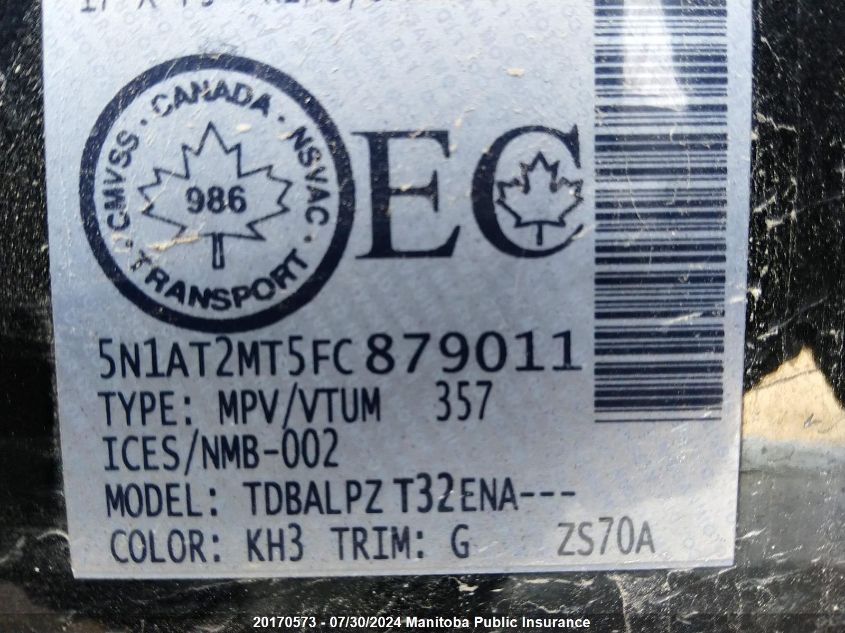 2015 Nissan Rogue S VIN: 5N1AT2MT5FC879011 Lot: 20170573