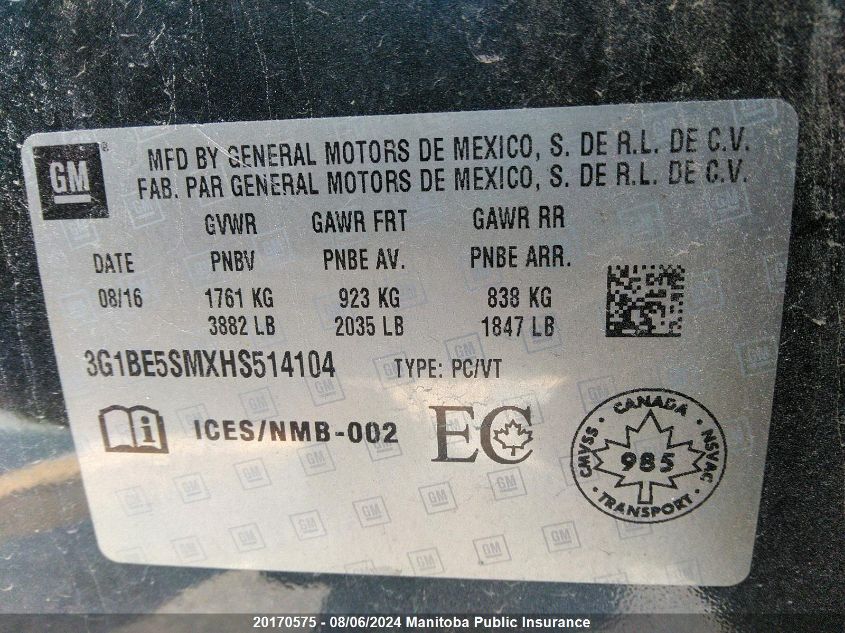 2017 Chevrolet Cruze Lt Turbo VIN: 3G1BE5SMXHS514104 Lot: 20170575