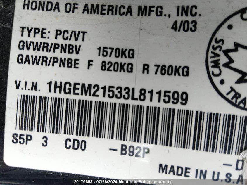 2003 Honda Civic Lx VIN: 1HGEM21533L811599 Lot: 20170603