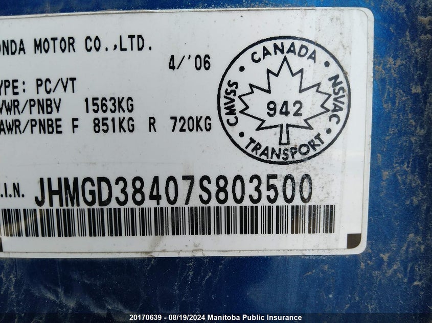 2007 Honda Fit Lx VIN: JHMGD38407S803500 Lot: 20170639