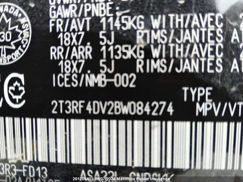 2011 Toyota Rav4 VIN: 2T3RF4DV2BW084274 Lot: 20170640