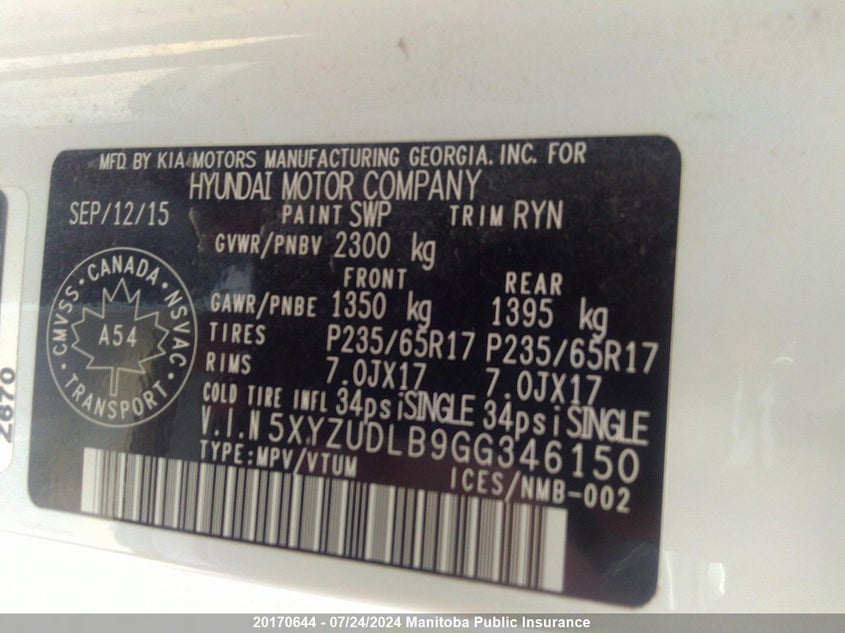 2016 Hyundai Santa Fe Sport 2.4 Luxury VIN: 5XYZUDLB9GG346150 Lot: 20170644