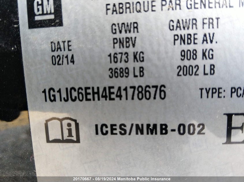 2014 Chevrolet Sonic Lt VIN: 1G1JC6EH4E4178676 Lot: 20170667