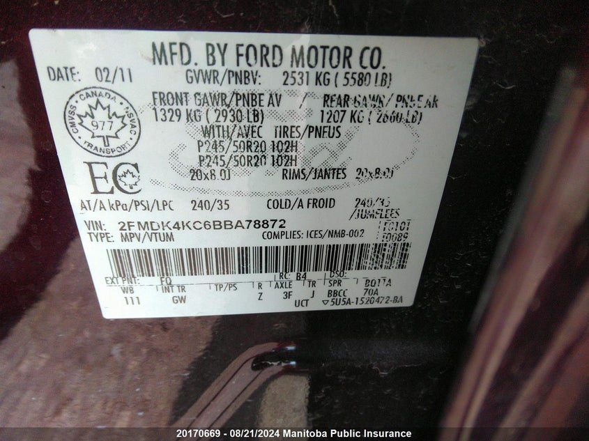 2011 Ford Edge Limited VIN: 2FMDK4KC6BBA78872 Lot: 20170669