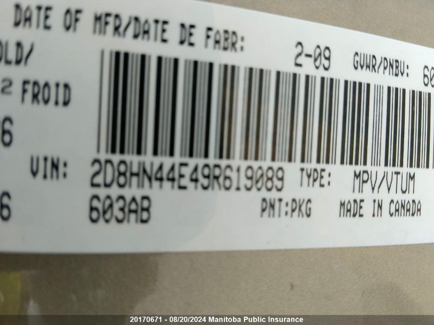 2009 Dodge Grand Caravan Se VIN: 2D8HN44E49R619089 Lot: 20170671